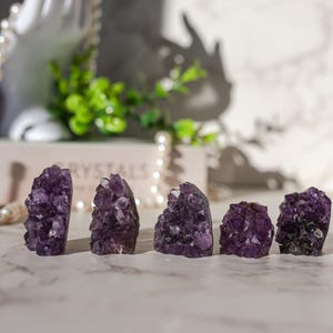 May include: Five small amethyst crystal clusters in various shapes and sizes. The crystals are a deep purple color and have a natural, rough texture.