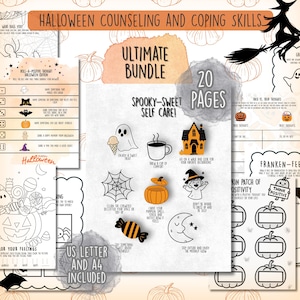 Könnte beinhalten: Ein Set von Halloween-Themen-Selbstpflege-Seiten mit dem Text "Halloween Counseling and Coping Skills". Das Bundle enthält 20 Seiten mit Illustrationen von Geistern, Kürbissen und anderen gruseligen Elementen. Enthält US Letter und A4 Größen.