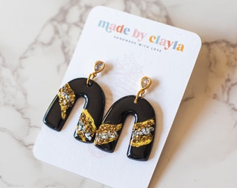 Polymer Clay Handmade Jewelry | Black Arch Earrings | Lightweight | Crystal Druzy Geode Gold | Cubic Zirconia