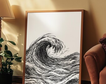 May include: A framed art print featuring a detailed black and white illustration of a crashing ocean wave. The artwork is displayed in a wooden frame and leans against a wall. The image evokes a sense of movement and power.