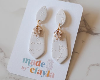 Polymer Clay Handmade Jewelry | White Love Letter Handwriting | Lightweight | Gold | Dangles | Stainless Steel | Wedding | Cubic Zirconia