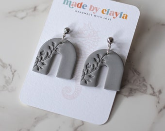 Handmade Polymer Clay Earrings | Gray Neutral Arch Dangles | Stainless Steel Hypoallergenic | Gold Jewelry | Floral Leaves Minimal