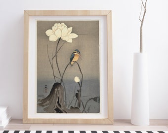 Kingfisher with Lotus Flower by Ohara Koson | Vintage Japanese Woodblock Print