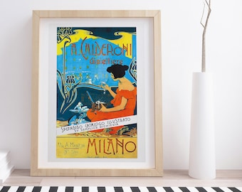 May include: A vintage advertisement for A. Calderoni Gioielliere, a jewellery store in Milan, Italy. The ad features a woman in a red dress holding a piece of jewellery. The text reads "Splendido Catalogo Illustrato su semplice richiesta" and "Via A. Manzoni N° 5/8 Milano".