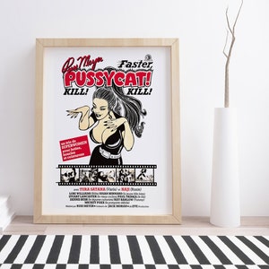 Puede incluir: Un p&oacute;ster de pel&iacute;cula vintage para la pel&iacute;cula "Faster Pussycat! Kill! Kill!" con una mujer con un atuendo de cuero negro y el texto "Faster Pussycat! Kill! Kill!" en rojo y negro.