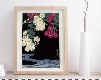 Chrysanthemums and Running Water by Ohara Koson | Vintage Japanese Woodblock Print