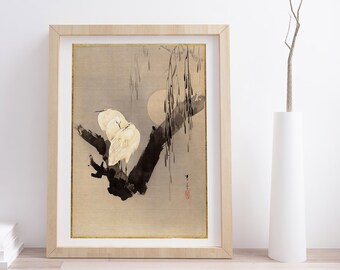 Garcetas en un árbol por la noche, de Watanabe Seitei / Grabado japonés vintage