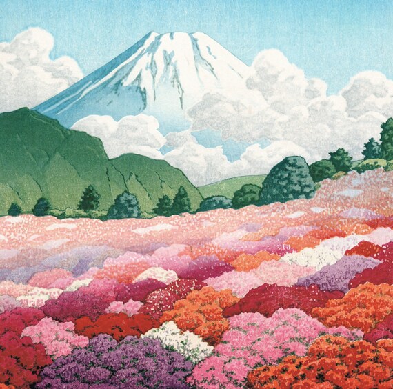 View of Mt. Fuji From an Azalea Garden by Kawase Hasui | Vintage