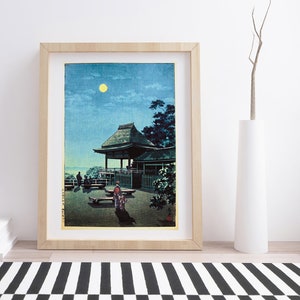 Lune d'automne au temple d'Ishiyama de Tsuchiya Kōitsu | Gravure sur bois japonaise vintage