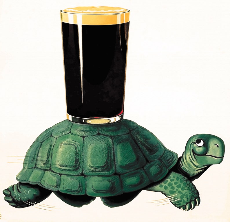 Op de afbeelding: Een groene schildpad met een glas donker bier op zijn rug. De schildpad loopt op een witte achtergrond.