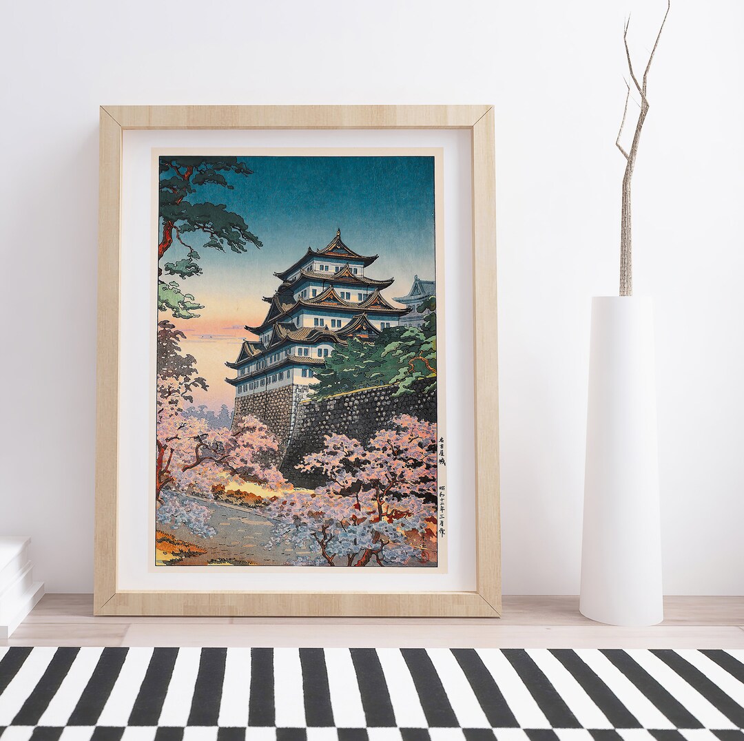 浮世絵風な水彩画 桜咲く名古屋城 浮世絵風な水彩画 桜咲く名古屋城