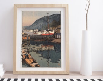 Kinoe Harbour by Hiroshi Yoshida | Vintage Japanese Woodblock Print