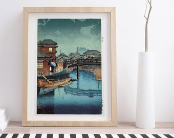 川瀬巴水作「品川両志町の梅雨」木版画、ジクレー、版画、アジア美術