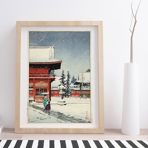 Snow at Nezu Gongen Shrine by Kawase Hasui | Vintage Japanese Woodblock Print