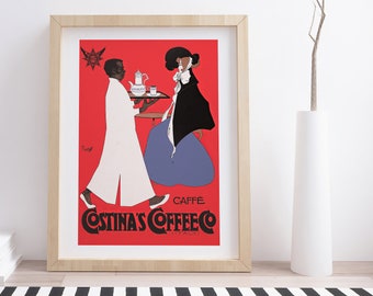 Op de afbeelding: Ingelijste vintage advertentie voor Costina's Coffee Co. in Italië. Het kunstwerk toont twee figuren, waarvan één koffie serveert op een dienblad. De achtergrond is rood, met de bedrijfsnaam in een gestileerd lettertype. Het frame is licht hout.