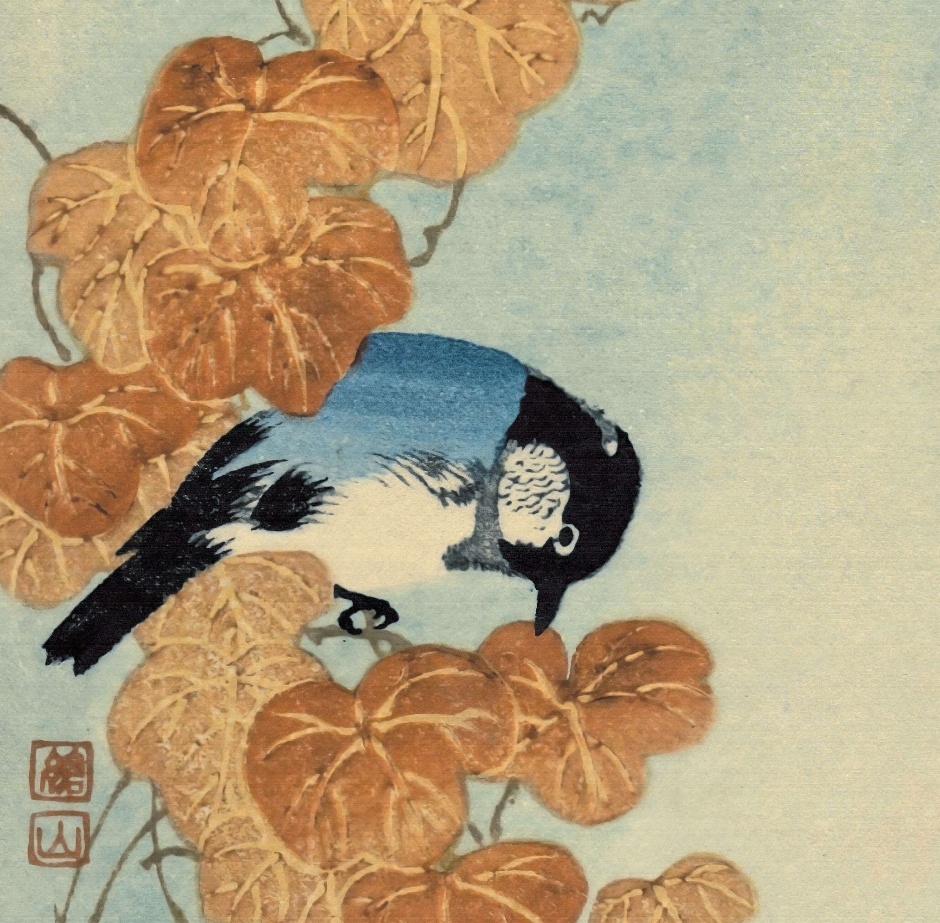 伊藤宗山作「青い鳥と秋の葉」｜日本のヴィンテージ木版画 - Etsy 日本