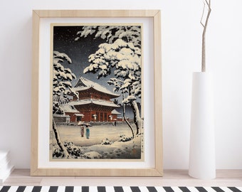 Zozoji Temple in Snow by Tsuchiya Koitsu | Vintage Japanese Woodblock Print