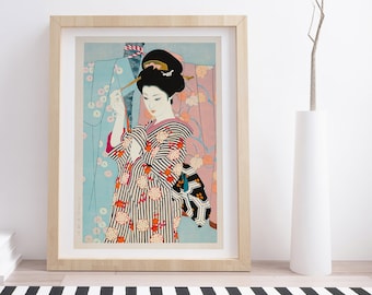 伊藤深水作「春（赤い着物）」木版画、ジクレー、版画、美術、アジア