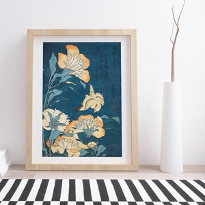 Peonies and Canary  by Hokusai | Vintage Japanese Woodblock Print