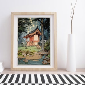 Tempel in het bos door Hiroshi Yoshida | Vintage Japanse houtsnededruk