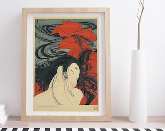 The Tale of Genji - Matsukaze (The Wind through the Trees) by Yoshio Okada | Vintage Japanese Woodblock Print