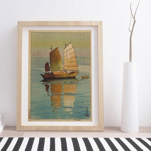 Sailing Boats, Evening Glow by Hiroshi Yoshida | Vintage Japanese Woodblock Print