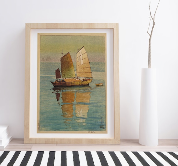 吉田博作「夕焼けの帆船」｜ヴィンテージ木版画 - Etsy 日本