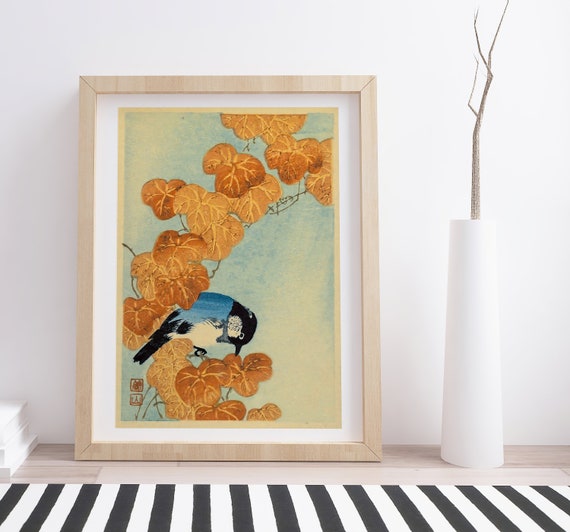 伊藤宗山作「青い鳥と秋の葉」｜日本のヴィンテージ木版画 - Etsy 日本