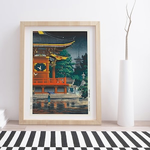 Rain at Asakusa Kannon Temple by Tsuchiya Koitsu | Vintage Japanese Woodblock Print