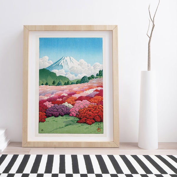 View of Mt. Fuji from an Azalea Garden by Kawase Hasui | Vintage Japanese Woodblock Print