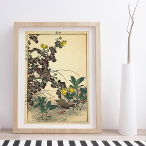 Dos pájaros y crisantemos, de Keinen kachō gafu de Imao Keinen / Vintage Japanese Woodblock Poster Print