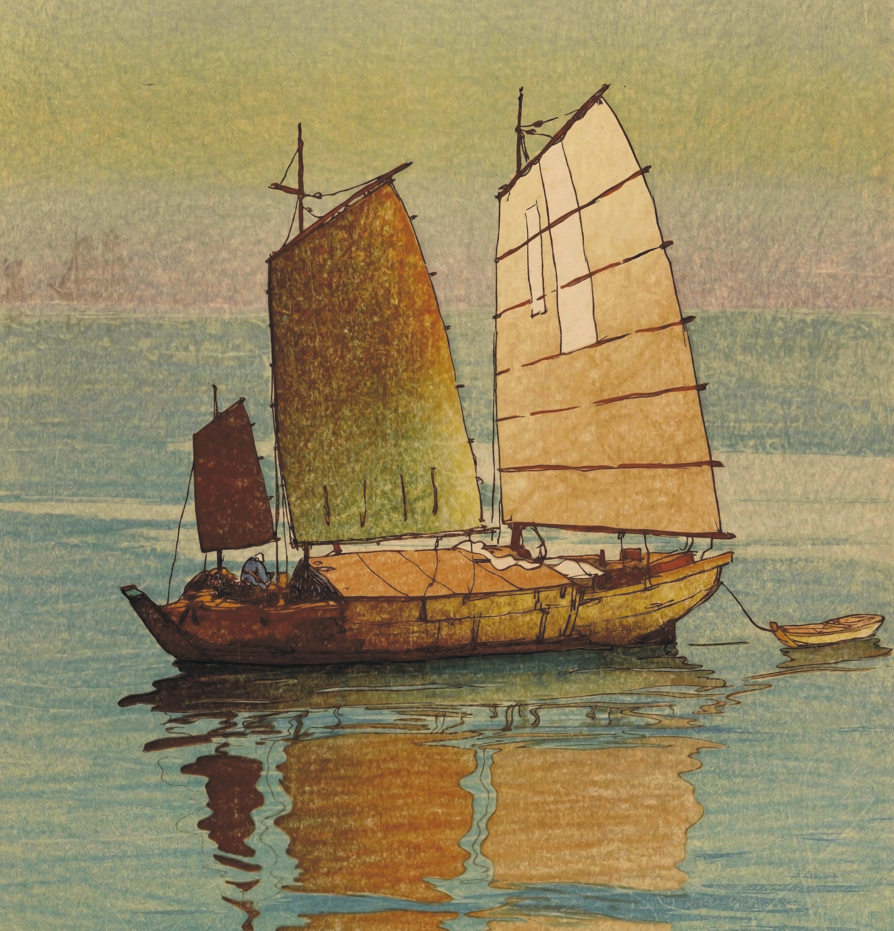 吉田博作「夕焼けの帆船」｜ヴィンテージ木版画 - Etsy 日本