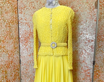 Bright Yellow Ensemble M Pleated Maxi Skirt 1970s 3pc