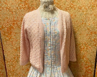 50s Pink Sequined Cardigan Sweater M Angora & Wool