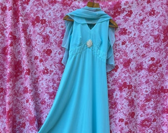 70s Vintage Sky Blue Maxi Dress with Capelet M 1970s Party Dress