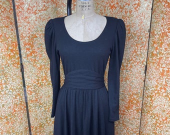 80s Vintage Dress M Black Wool Dress Puffed Sleeves