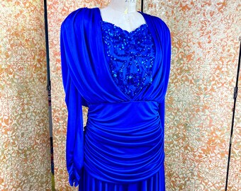 80s Vintage Dress L Blue Ruched Dress Beaded & Sequined Party Dress