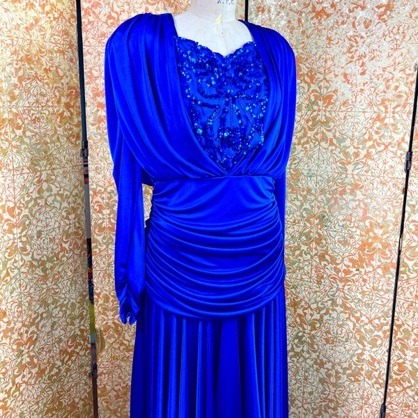 80er Vintage Kleid L Blaues Rüschenkleid Perlen & Pailletten Festkleid