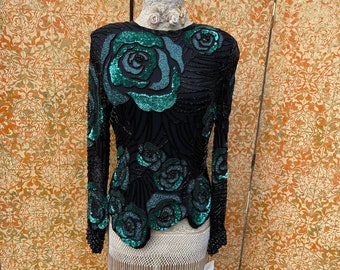 Oleg Cassini 1980s Dead Stock Beaded Top S Iridescent Green Sequins