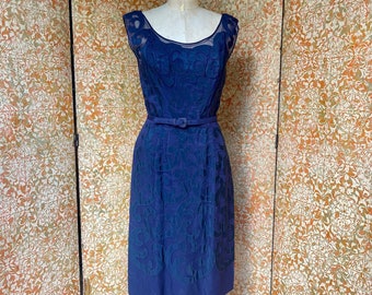 40s 50s Vintage Dress S Blue Flourish Applique Wiggle Dress Lace Illusion