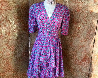 80s Vintage Dress S Peter Barron London Floral Tiered Skirt