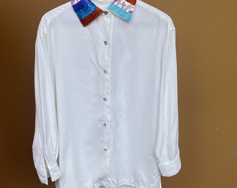 Vintage 90s Rainbow Beaded Collar Blouse S The Limited