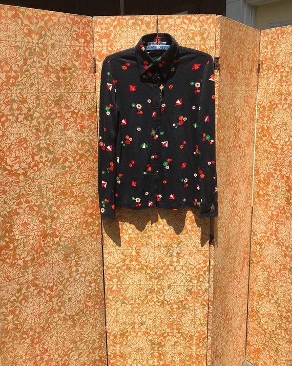 70s Italian Top Vintage Black Floral Wool Knit But