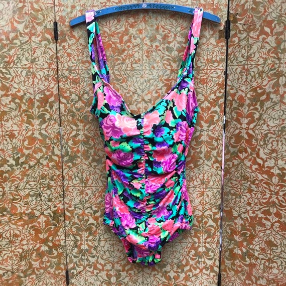80s Neon Floral Swimsuit M Catalina - image 1