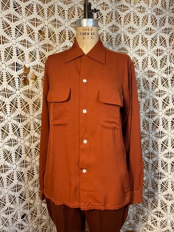 40s 50s Vintage Gabardine Shirt S Rust Shirt 1940s