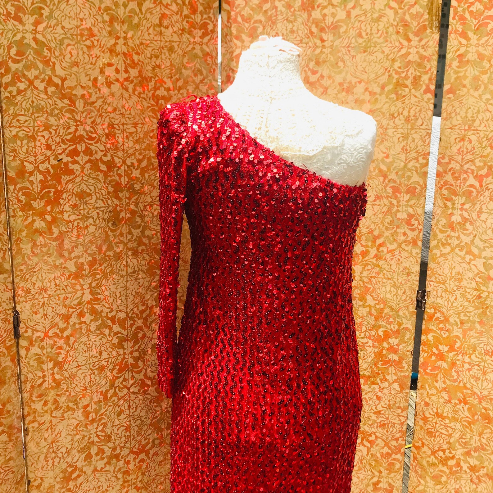 Red Sequin One Shoulder 70s Vintage Dress M Bare Shoulder One | Etsy