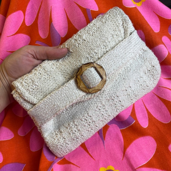 70s Vintage Crocheted Clutch White Knit Envelope … - image 8