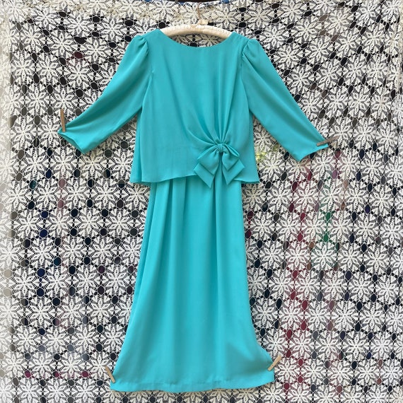 70s Miss Elliette Blue Bow Dress Aqua Crepe Gown - image 7