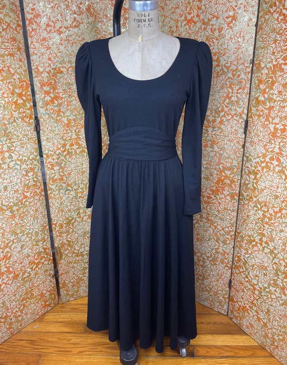 80s Vintage Dress M Black Wool Dress Puffed Sleeve