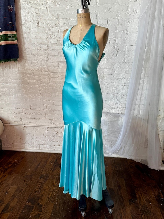 turquoise satin prom dress Y2K Turquoise Satin Prom Dress Fishtail Hem XS ABS